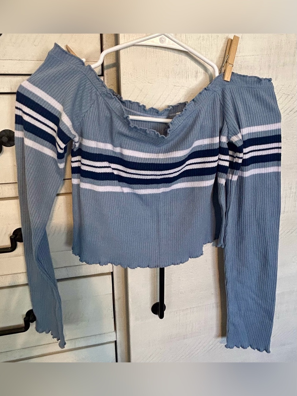 Me to We Dusty Blue Ribbed Off-Shoulder Crop Top with Navy & White Stripes